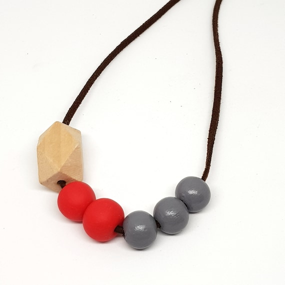 Geometric Necklace, With Handmade Red Clay Beads 