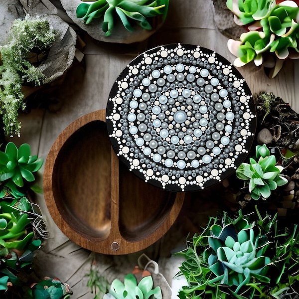 Treasure box/ Neutral gray dot mandala box/ Dual compartment wooden salt cellar/ stash box/ round container