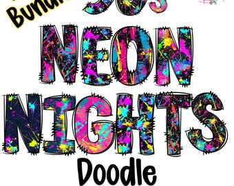 Peut inclure: Un ensemble de lettres d'alphabet doodle dans un style néon des années 90 avec un fond noir et des éclaboussures de peinture colorées. Les lettres épellent "NEON NIGHTS".