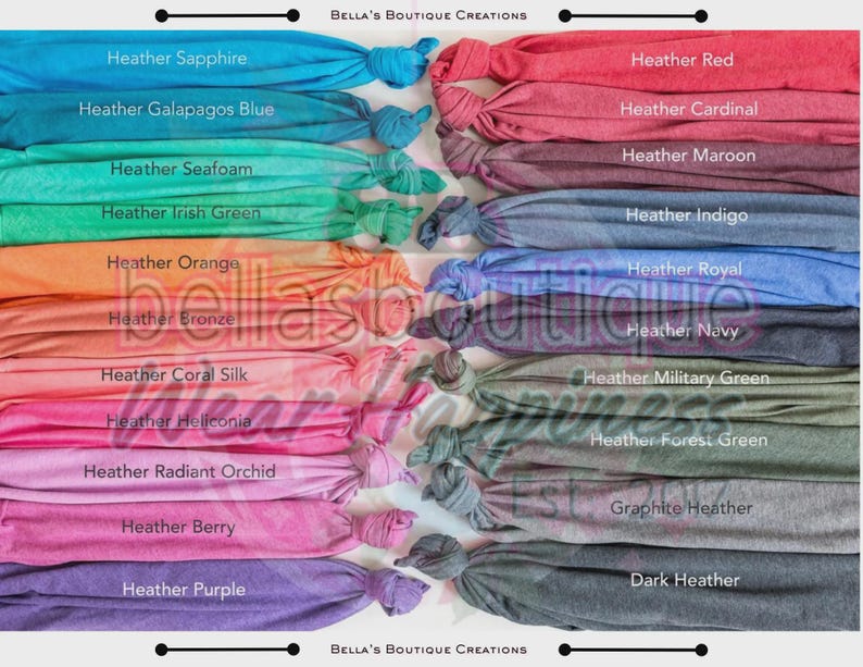 May include: A display of various colored fabric headbands, each knotted at the end. Colors include heather sapphire, red, orange, and purple. The text "Bella's Boutique Creations" is at the top and bottom of the image, with color names listed below each headband.