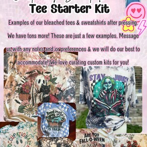 May include: A collection of custom t-shirts and sweatshirts with various designs. The image showcases examples of bleached tees and sweatshirts, including a ghost with flowers, a raccoon in a tub, and a Beetlejuice graphic. Text on the shirts includes "Occupational Therapy" and "Are You Fall-O-Ween Directions?"