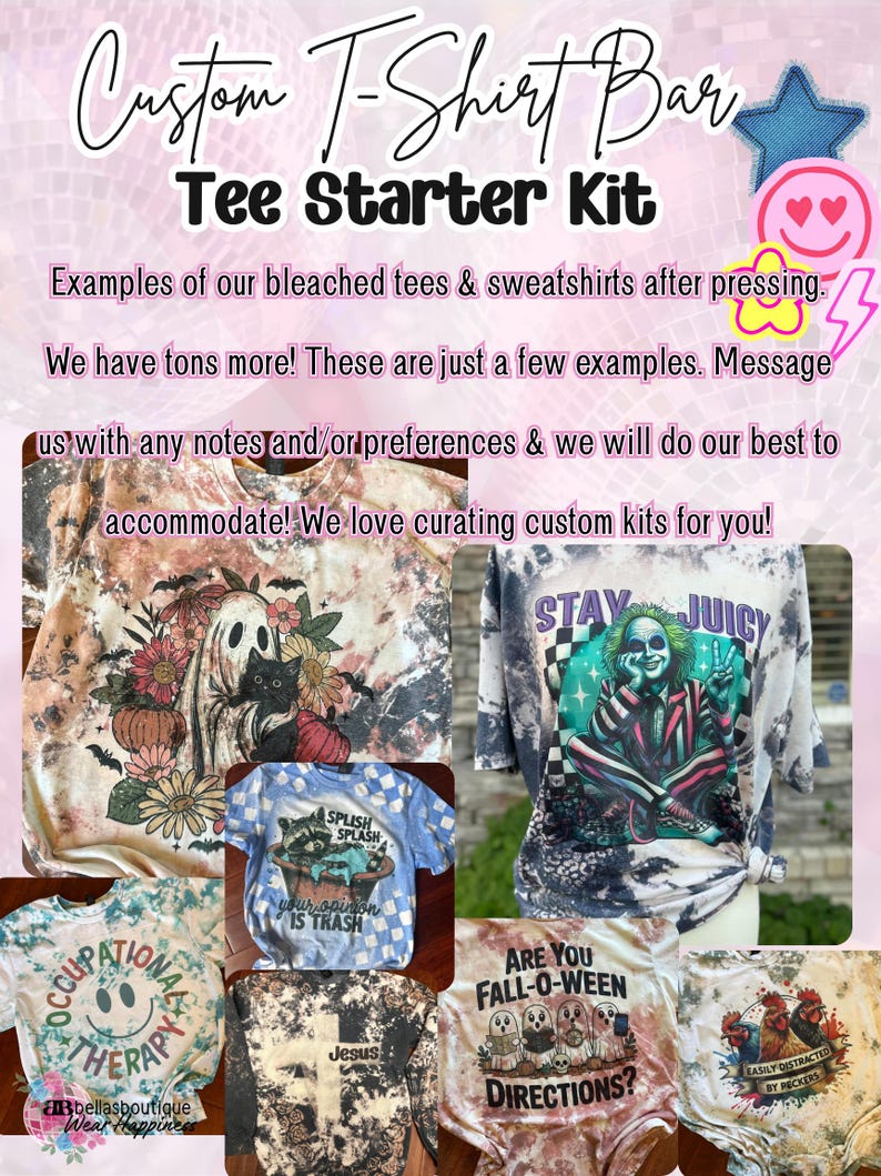 May include: A collection of custom t-shirts and sweatshirts with various designs. The image showcases examples of bleached tees and sweatshirts, including a ghost with flowers, a raccoon in a tub, and a Beetlejuice graphic. Text on the shirts includes "Occupational Therapy" and "Are You Fall-O-Ween Directions?"