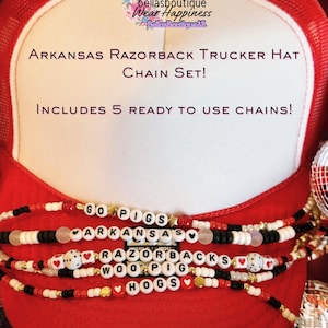 Arkansas Razorback Trucker Hat Chains! Includes 5 ready to use chains! Woo Pig, Hogs, Go Pigs completed hat chains-perfect for hat bars!