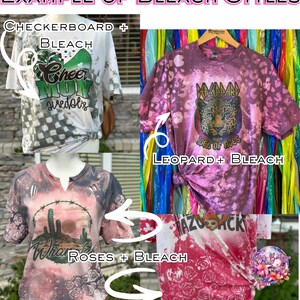 May include: An image showcasing examples of bleach styles on t-shirts. The styles include a checkerboard design, a leopard print with the text "ROCK OF ACES", and a rose pattern. The text "EXAMPLE OF BLEACH STYLES" is at the top.
