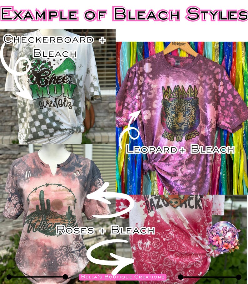 May include: An image showcasing examples of bleach styles on t-shirts. The styles include a checkerboard design, a leopard print with the text "ROCK OF ACES", and a rose pattern. The text "EXAMPLE OF BLEACH STYLES" is at the top.