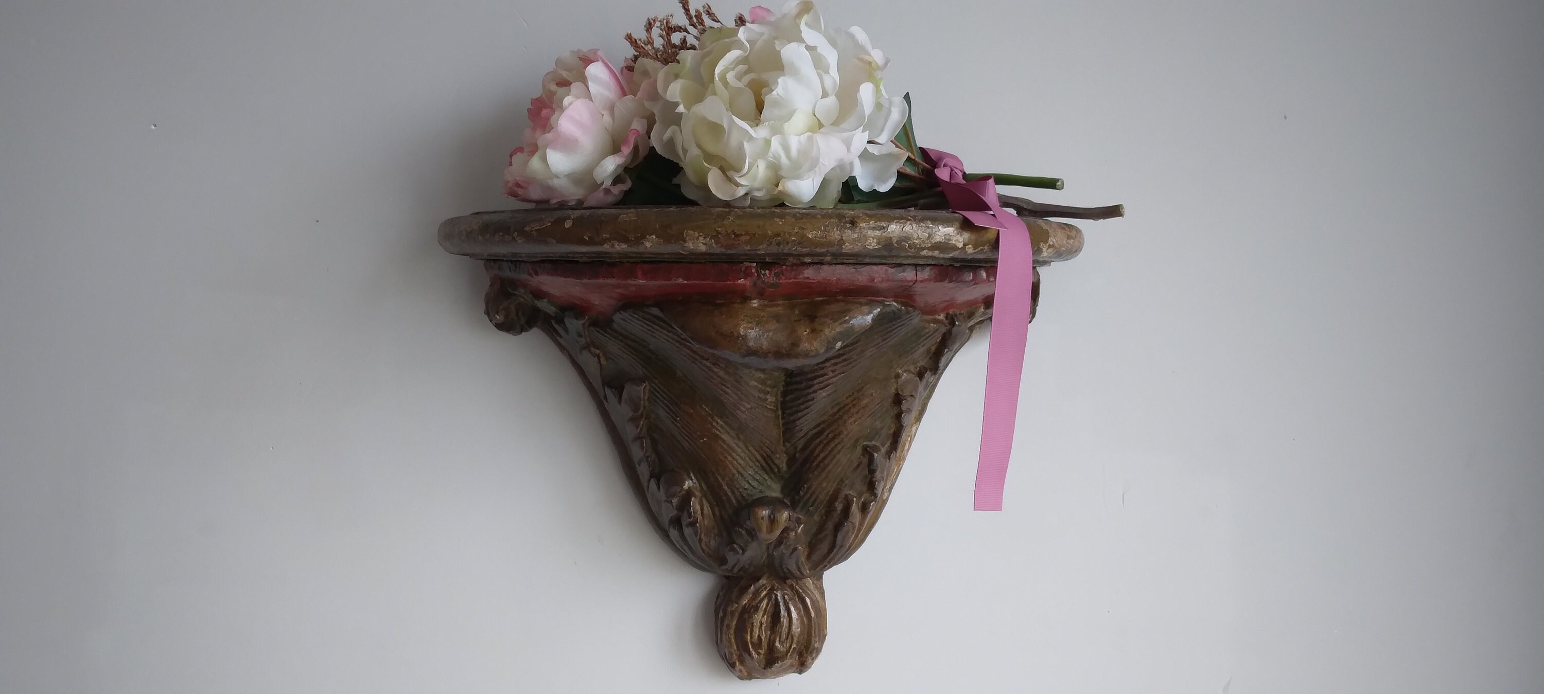 Antique Console d'applique en Bois Sculpté Polychrome Du Xixe