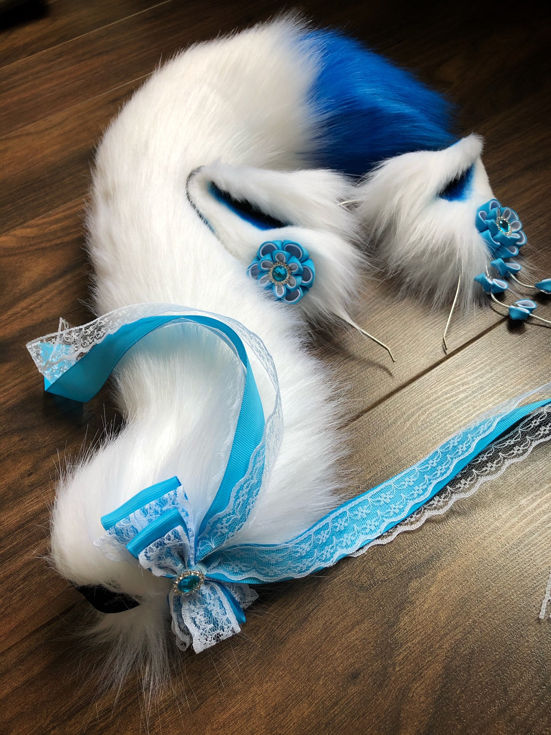 Kitsune Fox ears and tail set blue inari anime cosplay Etsy