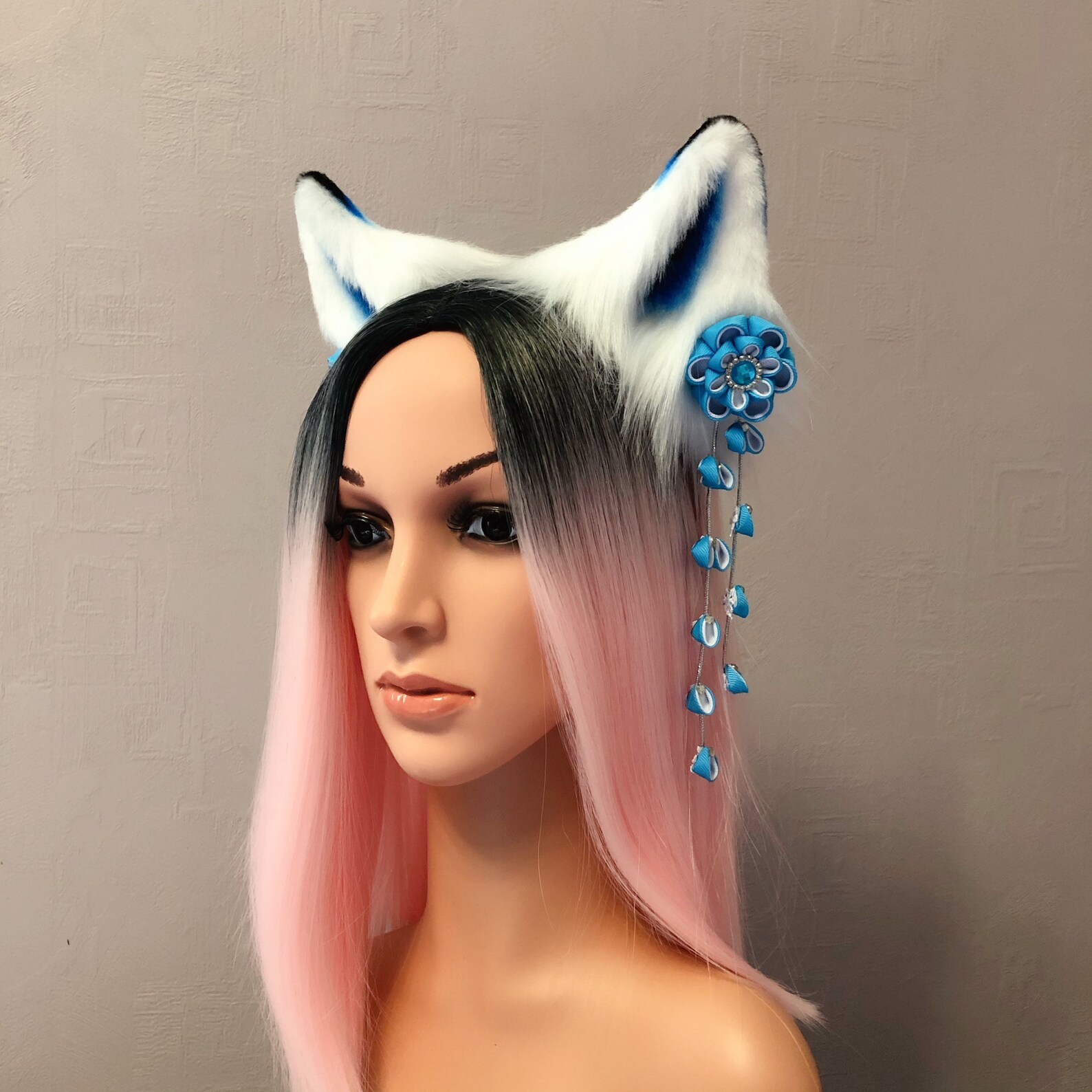 Kitsune Fox ears and tail set blue inari anime cosplay Etsy