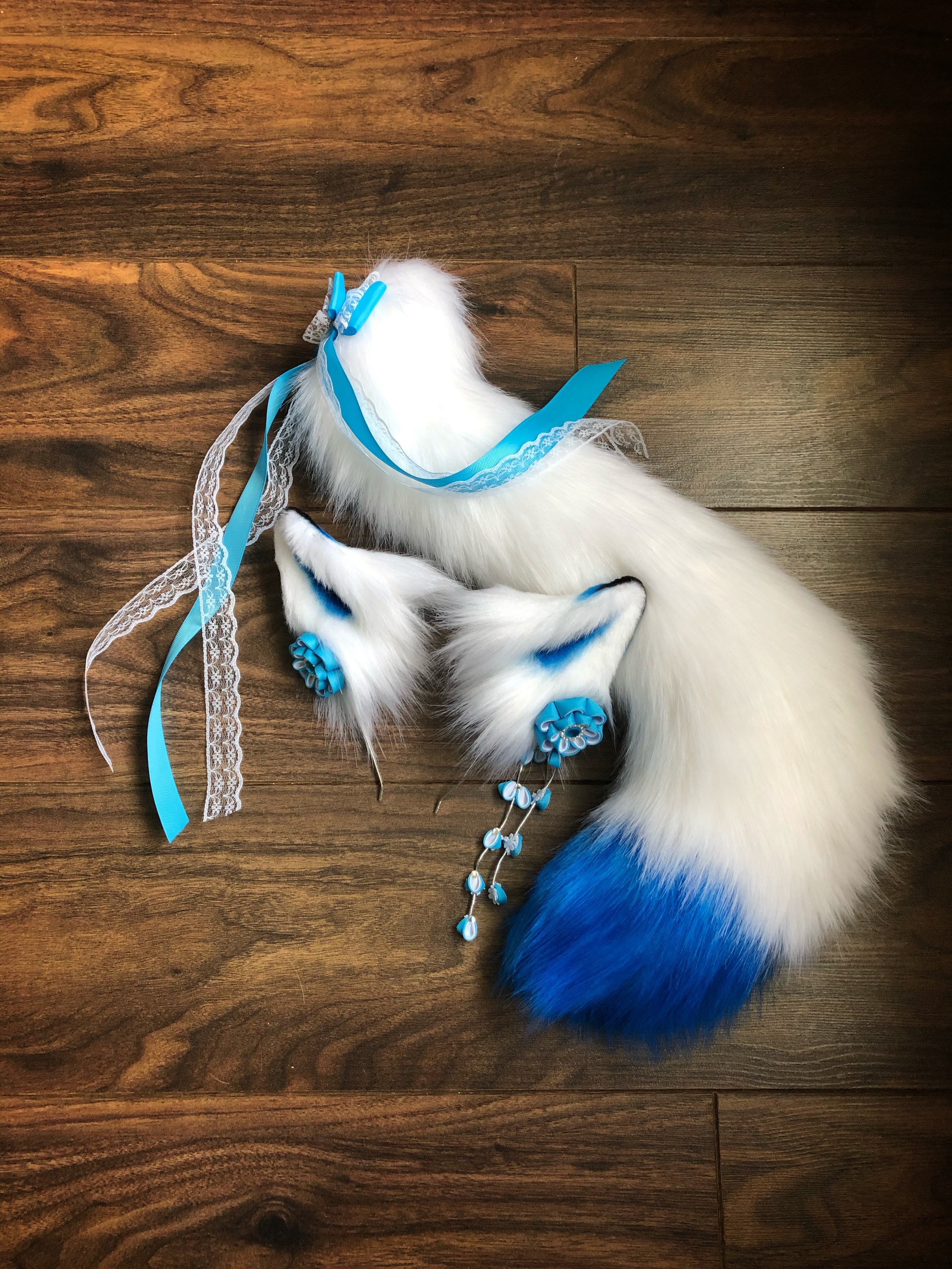 Kitsune Fox ears and tail set blue inari anime cosplay Etsy