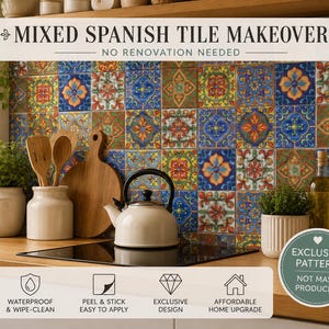May include: A kitchen setting with a vibrant Spanish tile backsplash. The tiles display a repeating floral design in various colours. The image also shows a white kettle, wooden utensils, and potted plants. Text on the image reads "Mixed Spanish Tile Makeover" and "No Renovation Needed."