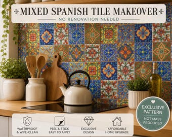 Spanish Tile Stickers Peel and Stick | Waterproof Kitchen Backsplash Decals | Bathroom Tile Transfers | Removable Renter Friendly Decor
