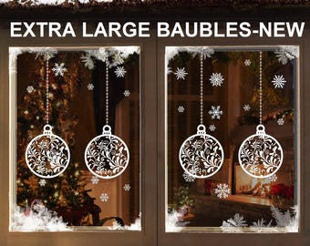 Extra large White Giant Christmas Stained Glass Bauble & Snowflake Window Clings – Double Sided Designs Made in the UK