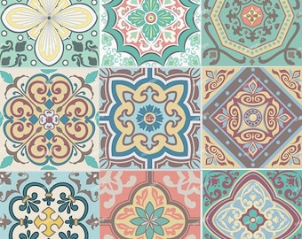 Pack of 27 Victorian Tile Transfer Stickers: Retro Moroccan Mosaic, 4x4" 6x6, 15cm x 15cm, 10cm x 10cm