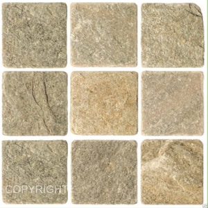 May include: Nine square tiles with a natural stone appearance. The tiles vary in colour, ranging from light tan to grey-green. The surface of each tile has a textured, rough appearance, with visible variations and imperfections. The word "COPYRIGHT" is visible on the bottom left tile.