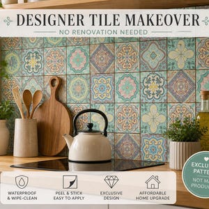 May include: A kitchen setting with a patterned tile backsplash in blue, green, and yellow hues. A white teapot, wooden utensils, and a cutting board are on the counter. The text reads "DESIGNER TILE MAKEOVER" and "NO RENOVATION NEEDED".