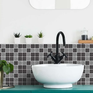 Granite Mosaic Tile Stickers: Black & Grey, Waterproof Vinyl (Set of 10)