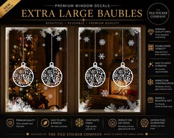Extra large White Giant Christmas Stained Glass Bauble & Snowflake Window Clings – Double Sided Designs Made in the UK