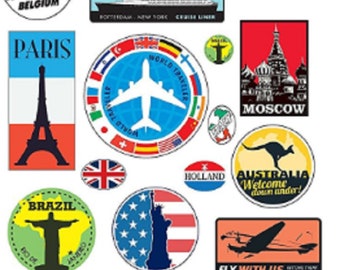 Vintage Travel Stickers – Retro Luggage Decals (3 Precut Sheets, Peel & Stick Labels)