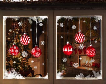 Red White Christmas Stained Glass Bauble & Snowflake Window Clings – Double Sided Nutcracker Tree Designs