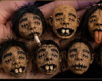 Handmade Shrunken Head | Gothic Oddity Decor | Natural Clay Mini Sculpture | Creepy Car Hanger | Horror Art Gift | Curiosity Cabinet