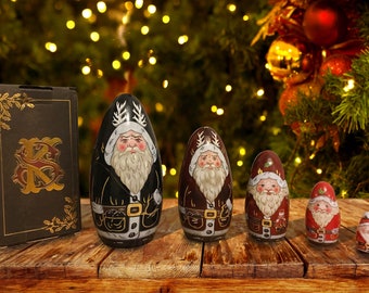 Handcrafted Krampus Nesting Dolls – 5-Piece Wooden Christmas Set, Turns into Santa Claus