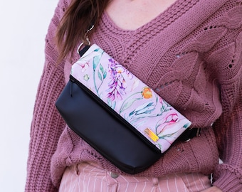 Floral Faux Leather Fanny Pack, Waterproof Waist Hip Bag, Gift for her, Festival bag