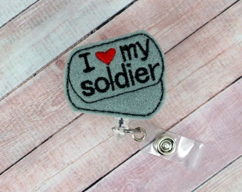 I Love My Soldier Badge Reel, Military Spouse Gift, Retractable ID Badge Holder, Military Mom Badge Reel, Badge Buddy, Teacher Lanyard