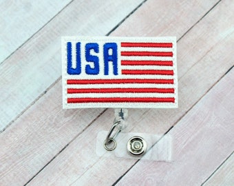 USA Flag Badge Reel - Patriotic Badge - Fourth of July Badge - Badge Holder - Retractable ID Badge Holder - Badge Pull - Lanyard - Badge