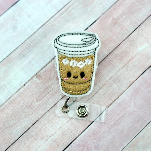 Iced Coffee Badge Reel - Cappuccino Badge -  Felt Badge Reel - Cute Badge Clip - Retractable ID Badge Holder - Badge Pull - Lanyard