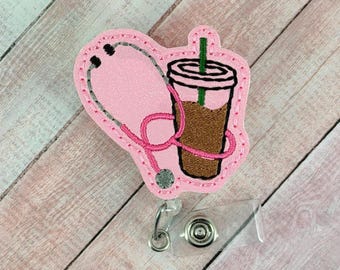 Stethoscope Coffee Badge Reel, Nurse Badge Holder, Retractable ID Reel, Name Tag Holder, Interchangeable Badge Topper, Coworker Gifts