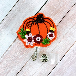 Floral Pumpkin Badge Reel, Fall Badge Holder, Nurse Gift, Autumn Badge Holder, ID Badge Clip, Retractable Badge, MRI Safe Badge