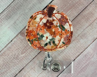 Floral Pumpkin Badge Reel, Fall ID Badge Holder, Nurse Badge Clip, Retractable Badge Pull, Teacher Lanyard, Coworker Gifts, Badge Topper