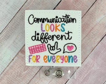Communicatie ziet er voor iedereen anders uit, SLP-badgehaspel, spraakpatholoog-cadeau, badgehouder grappige spraak, cadeau audioloog