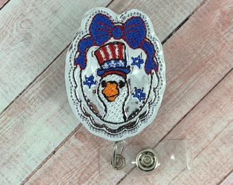Fourth of July Goose Badge Reel, Patriotic Badge Holder, Nurse ID Holder, Interchangeable Badge Buddy Topper, Funny Badge Reel