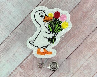 Goose Flowers Badge Reel, Nurse Gift, Teacher ID Badge Holder, Spring Name Tag Holder, Retractable Badge, Interchangeable Badge Topper
