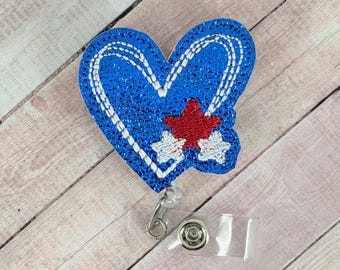 Patriotic Heart Badge Reel, Nurse Gift, 4th of July Badge Reel, Badge Clip, ID Badge Holder, Fourth of July Badge Reel, Name Tag Holder