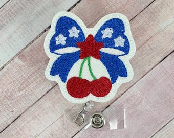 Patriotic Cherries Badge Reel, Fourth Of July Badge Holder, Nurse ID Badge, Retractable Badge, MRI Safe Badge Topper, Gifts for Nurses
