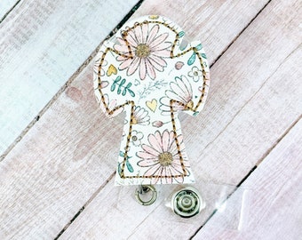 Floral Cross Badge Reel, Nurse ID Badge Holder, Religious Badge Clip, MRI Safe Badge Buddy, Retractable Badge Pull, Nurse Coworker Gift