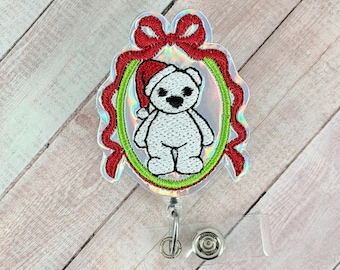 Christmas Winter Polar Bear Badge Reel, Christmas ID Badge Holder, Nurse Gift, Name Tag Holder Clip, Retractable Badge, MRI Safe Badge