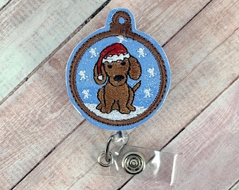 Christmas Dog Badge Reel, Santa Puppy Retractable ID Badge Holder, Holiday Nurse Badge Reel, Dog Lover Gift, Christmas Ornament Badge Reel