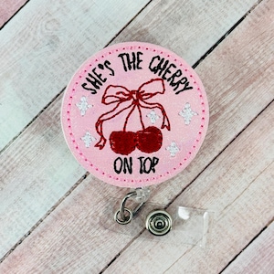 Coquette She&#39;s The Cherry On Top Badge Reel, Nurse Badge Holder, Pink Bow Badge Clip, Girly Bow Badge Reel, Retractable ID Badge Reel