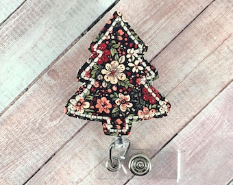 Floral Christmas Tree Badge Reel, Christmas Nurse Badge Holder, Holiday Retractable ID Holder, Teacher Lanyard, Healthcare Worker Gift