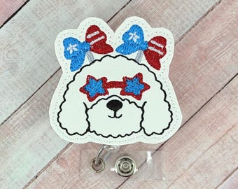 Dog  Fourth of July Badge Reel, Patriotic Badge Holder, Nurse ID Holder, Interchangeable Badge Buddy Topper, Funny Badge Reel