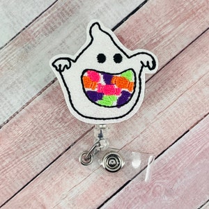 Ghost Candy Jar Badge Reel, Halloween ID Badge Holder, Nurse Badge Clip, Teacher Lanyard, Badge Buddy, Interchangeable Badge Topper