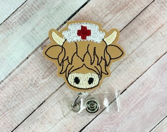 Hooglandkoe verpleegkundige badgehaspel, intrekbare badgehouder, ID-badgeclip, sleutelkoord leraar, dokterscadeau, medische badgeclip, RN-badge