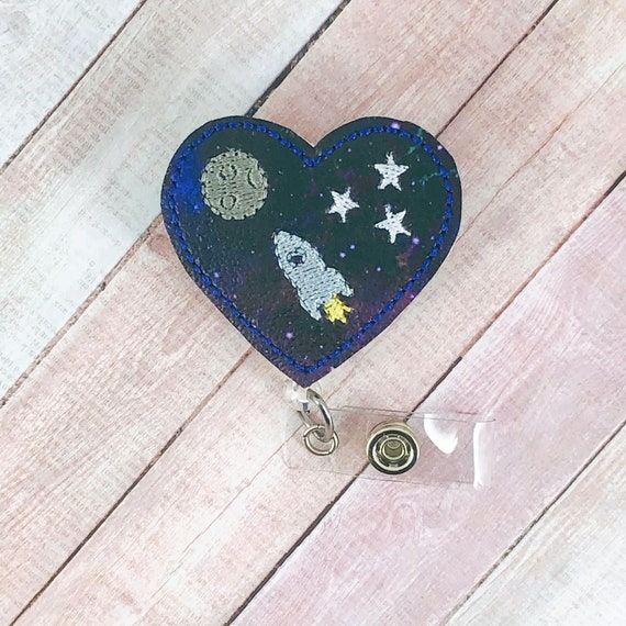Space Heart Badge Reel - Space Badge - Space Gifts - Badge Reel - Vegan Leather Badge Reel - ID Badge Holder - Badge Pull - Space Badge Reel