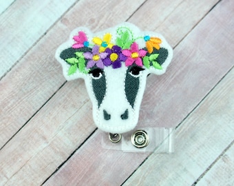 Floral Cow Badge Reel - Pediatrische Badge - Badge Reel - Koe Badge - Intrekbare Badge Houder - Badge Pull - Koe Badge Houder