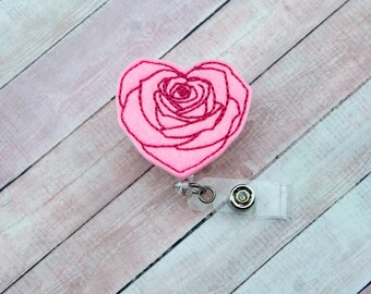 Rose Heart Badge Reel - Flower Badge Reel - Nurse Gift - Retractable ID Badge Holder - Badge Pull - Cute Badge Reel - Lanyard - Badge Holder