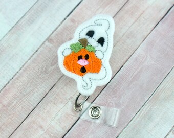 Carrete de insignia de calabaza con fantasma, carrete de insignia de Halloween, titular de la insignia, carrete de insignia de otoño, carrete de insignia lindo, cordón, insignia retráctil, maestro