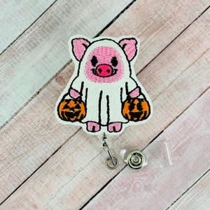 Porta credencial de cerdo fantasma, porta credencial de otoño, clip para credencial de Halloween, Badge Buddy, porta credencial de identificación retráctil, tirador de credencial, Badge Buddy seguro para resonancia magnética